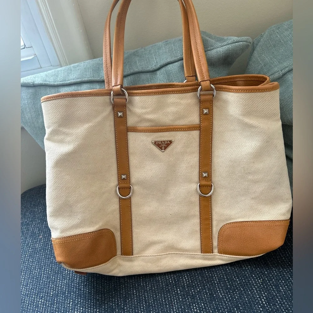 Authentic Prada Tan and Brown Women's Tote Bag, EUC